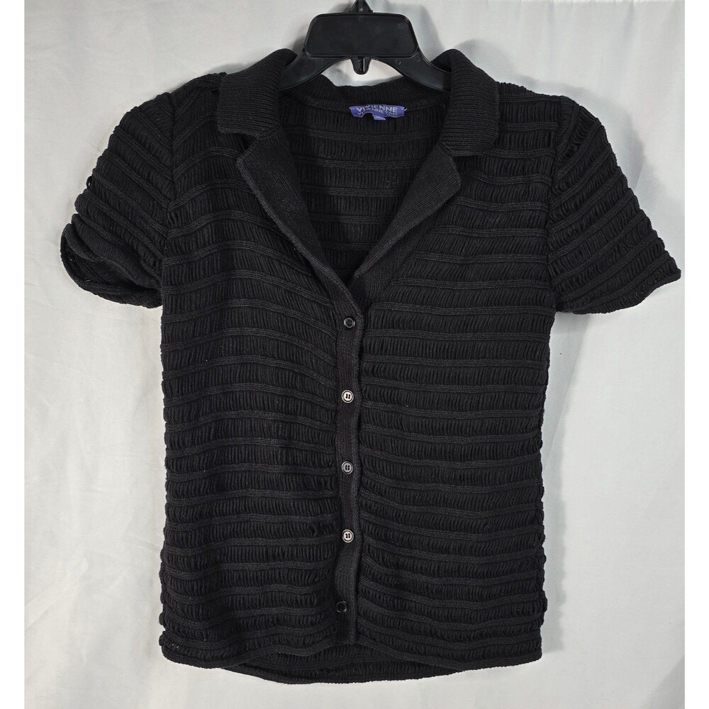 Vivienne Tam Black Textured Short Sleeve Knit Polo Cardigan Top